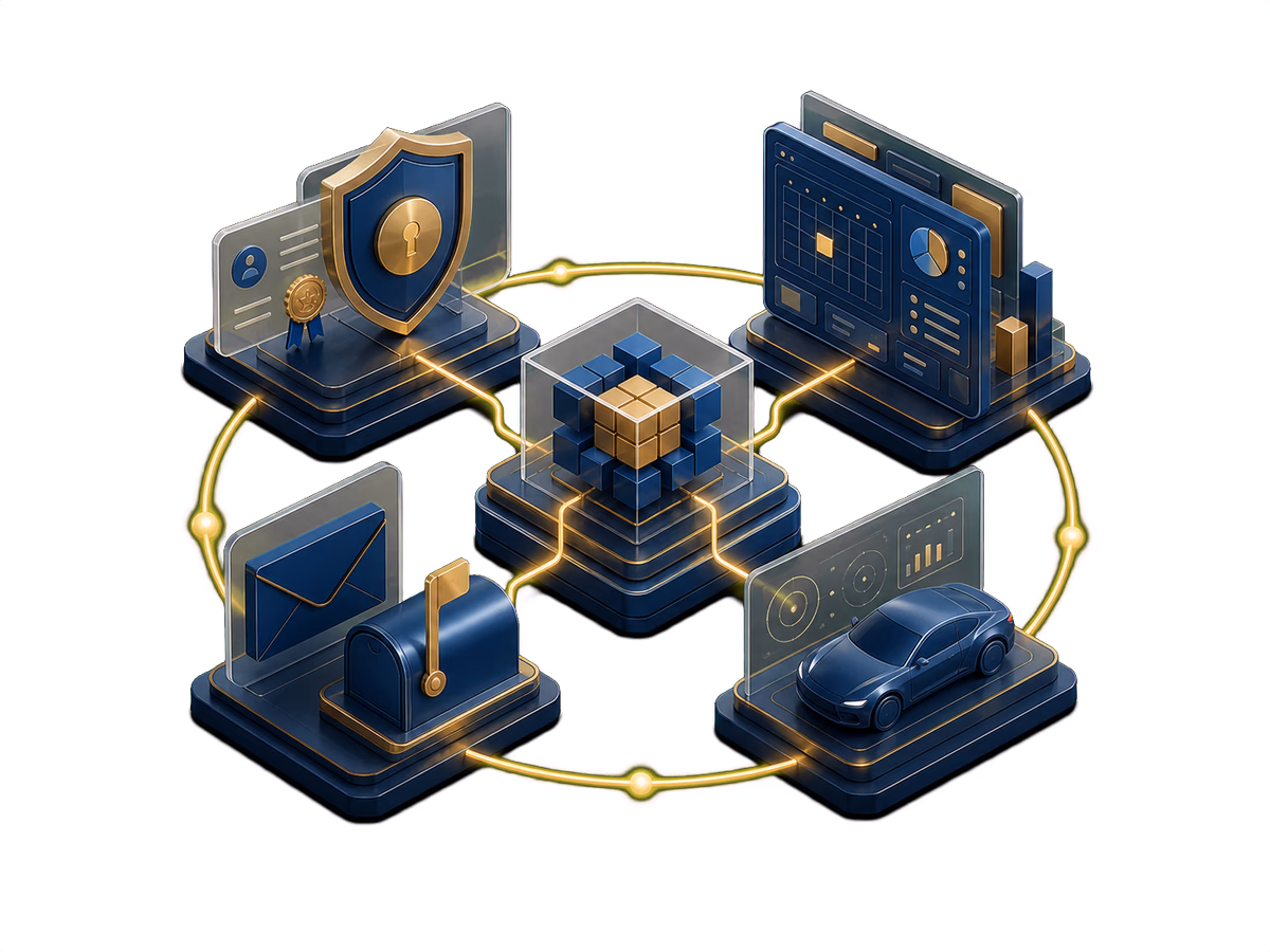 Ecossistema ilustrado que conecta credenciais verificáveis, gestão institucional, webmail e inteligência veicular.