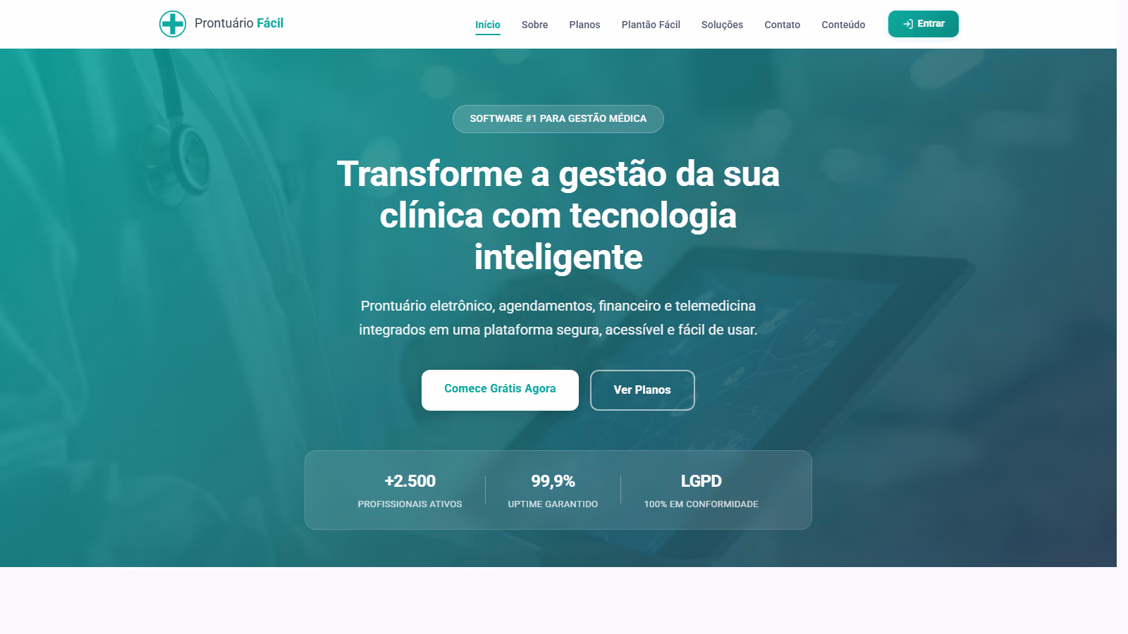 Captura da página inicial de Prontuário Fácil.