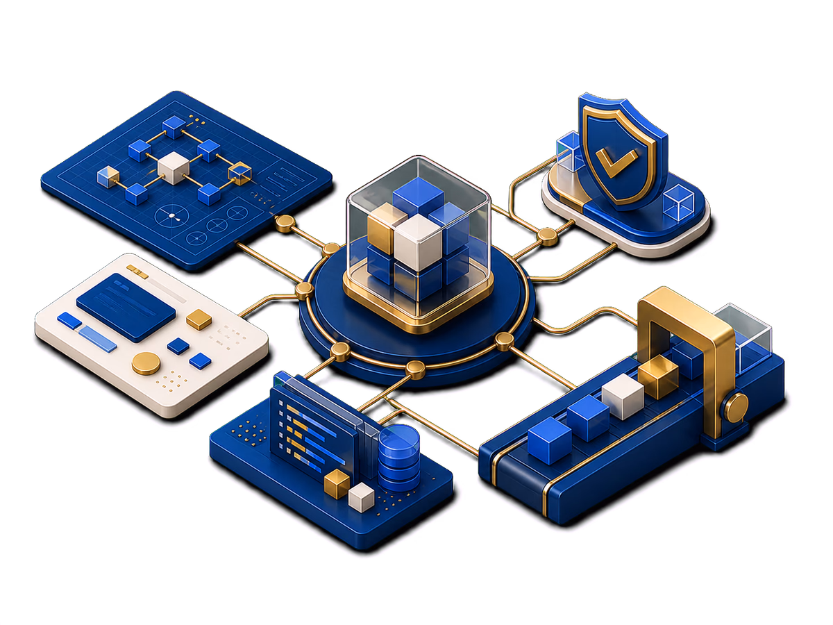 Esteira ilustrada que conecta estratégia, interface, engenharia, testes e publicação de software.
